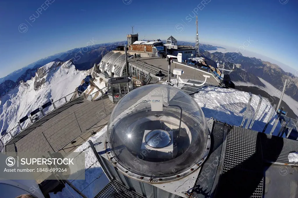 Climate measuring devices, fisheye shot, Mt Zugspitze summit station, Garmisch-Partenkirchen, Bavaria, Germany, Europe