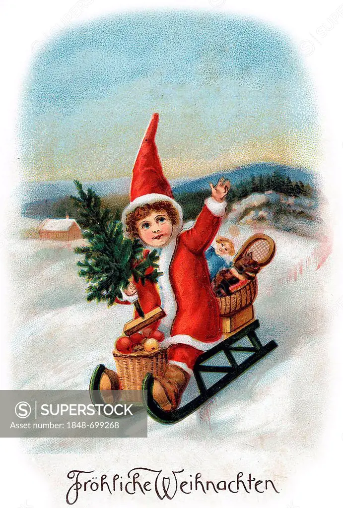 Child sitting on a sleigh, Christmas tree, Christmas, lettering Froehliche Weihnachten in writing, German for 'Merry Christmas', historic illustration