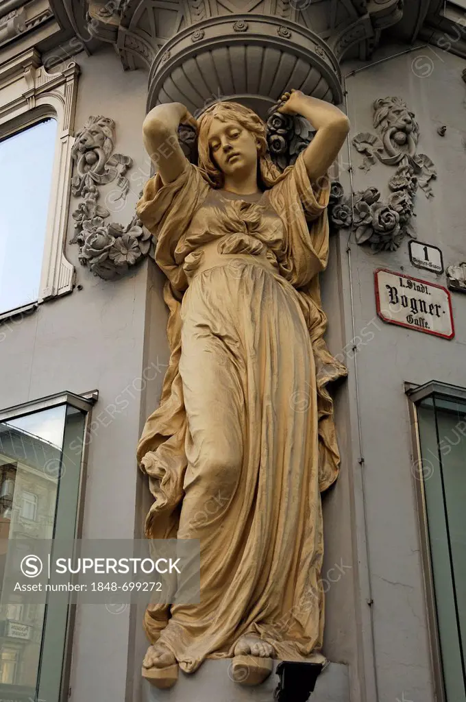 Caryatid under a bay window of a middle-class home, c. 1900, Bognergasse lane, Vienna, Austria, Europe