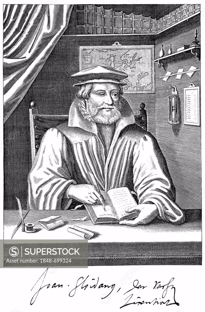 Historic print, copper engraving, with autograph, portrait of Johannes Sleidanus, also known as Johannes Philippson von Schleiden, 1506 - 1556, a Germ...