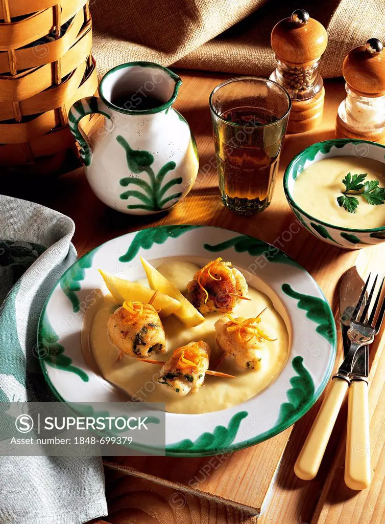 Andalusian fish rolls with sherry, sole fillets with parsley and orange peel, soaked in olive oil, Spain