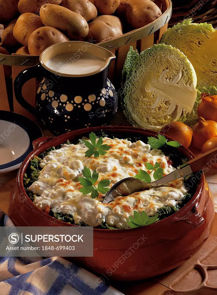 Gratin of wild boar with potatoes, savoy cabbage, cheese, bacon and sour cream, Russia