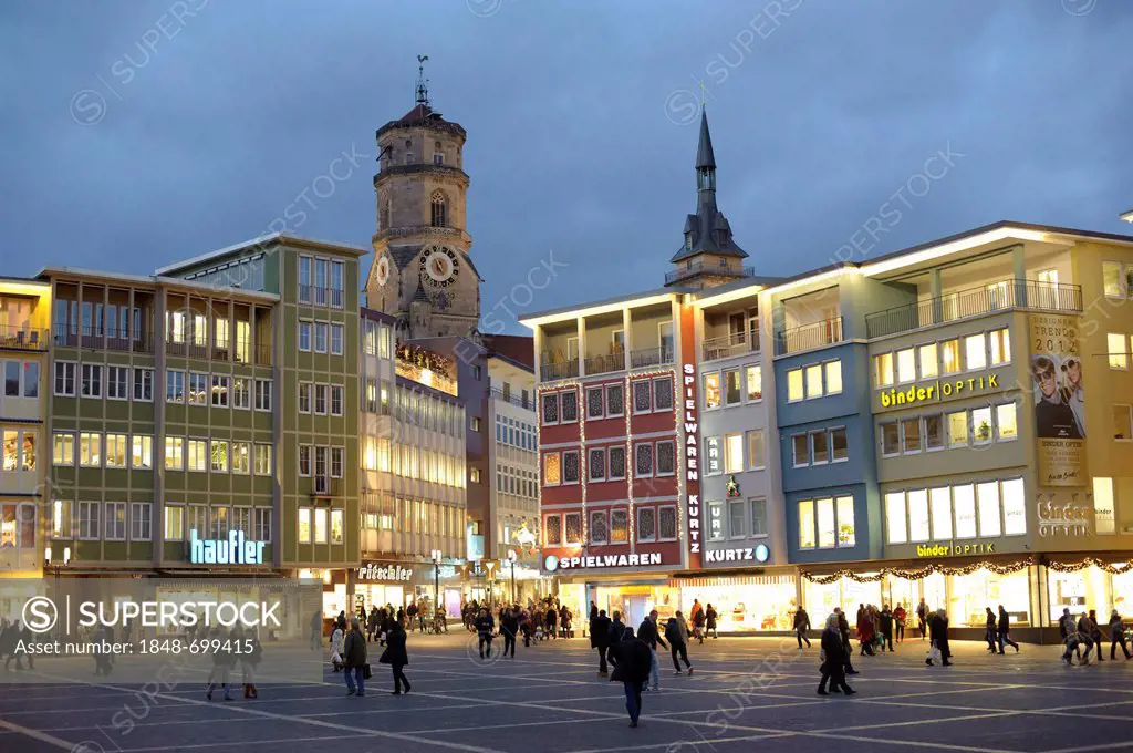 Marktplatz square at the Town Hall at the blue hour in winter, with the steeples of the Collegiate Church at the rear, Stuttgart, Baden-Wuerttemberg, ...