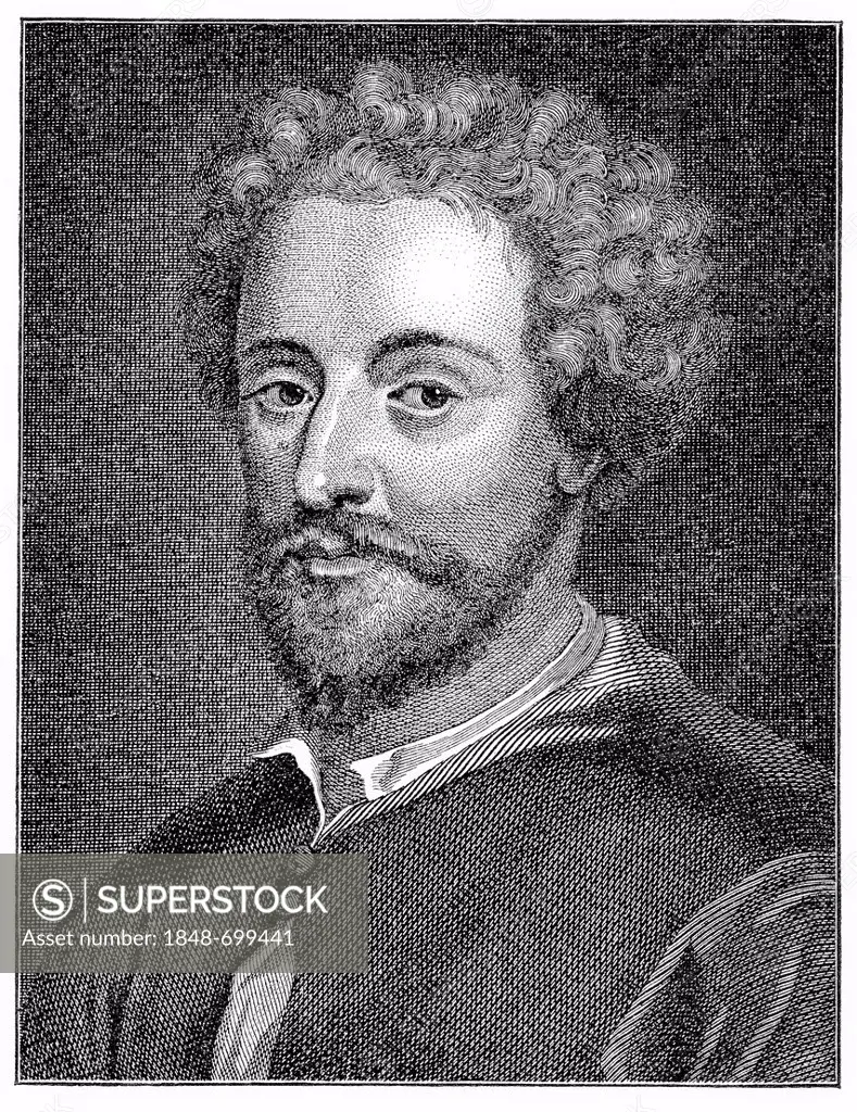 Historical engraving from 19th Century, portrait of John Fletcher, 1579-1625, English playwright