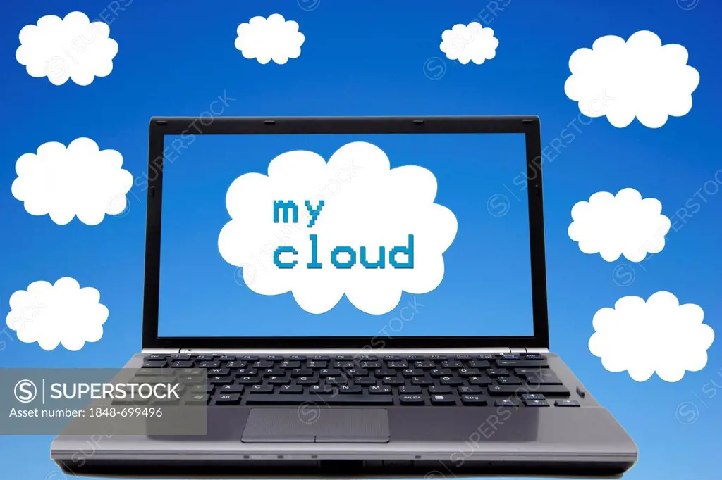 Laptop, lettering my cloud, clouds, sky, symbolic image for cloud computing, cloud