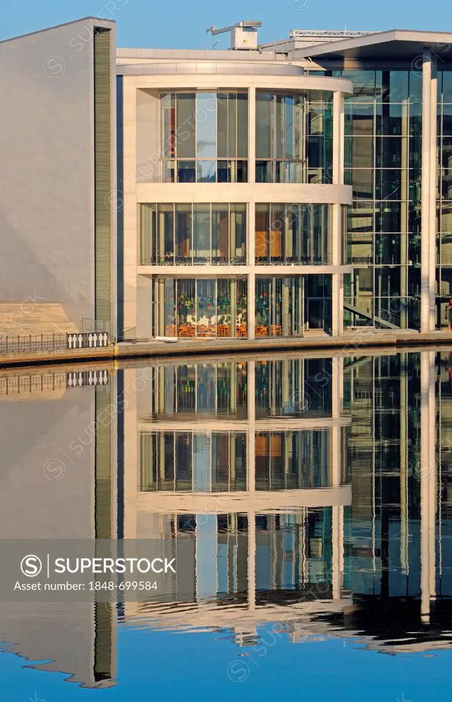 Paul Loebe Building, detail, reflected in the Spree River in autumn, Berlin, Germany, Europe, PublicGround