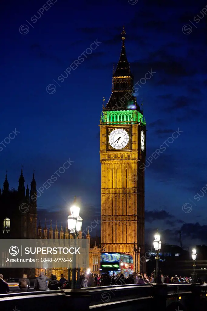 Big Ben and Westminster Bridge at dusk, London, England, United Kingdom, Europe