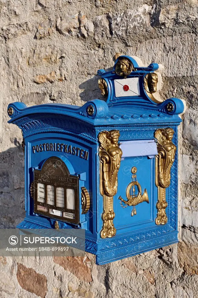 Historic blue mailbox, a replica of 1896, Germany, Europe
