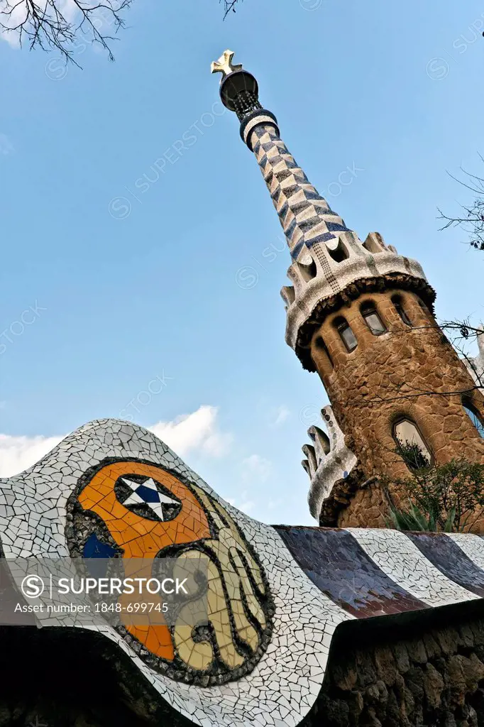 Gaudi architecture, Parc Guell, UNESCO World Heritage Site, Barcelona, Catalunya, Catalonia, or Cataluna, Spain, Europe