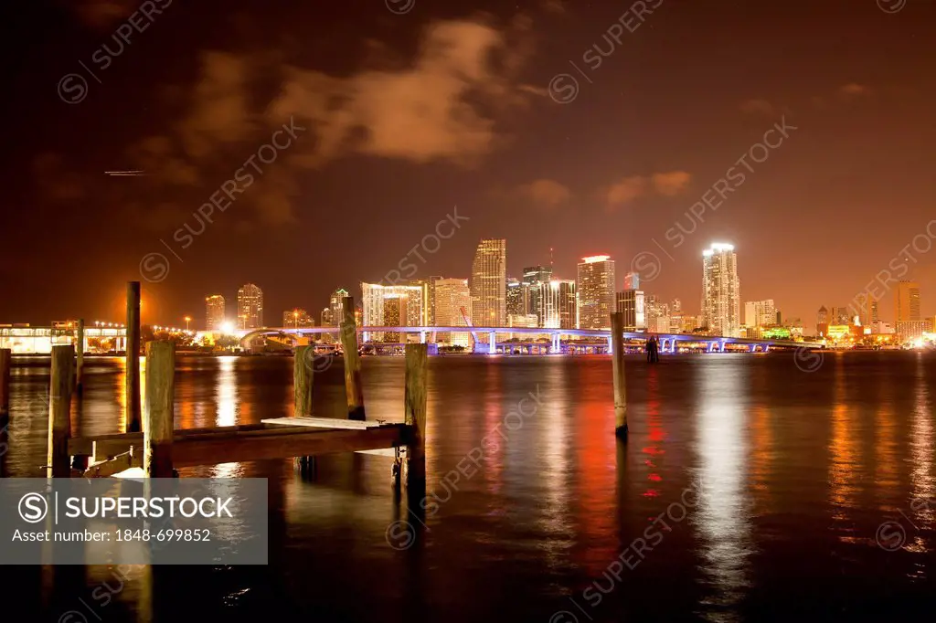 The illuminated skyline of downtown Miami, Florida, USA