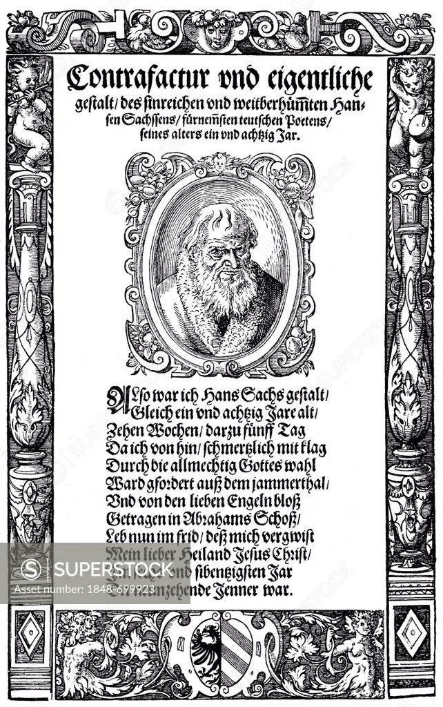 Historical engraving, facsimile for the death of Hans Sachs, 1494 - 1576, Nuremberg poet, meistersinger and dramatist, Germany