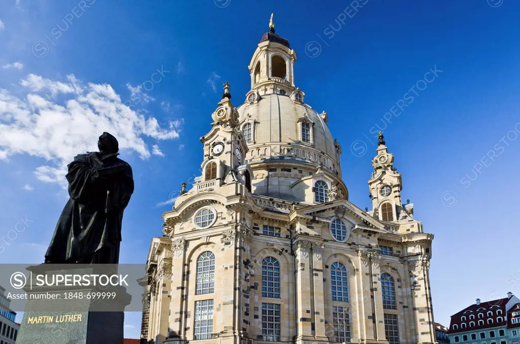 The rebuilt Frauenkirche church, as seen from Neumarkt square, Dresden, Saxony, Germany, Europe