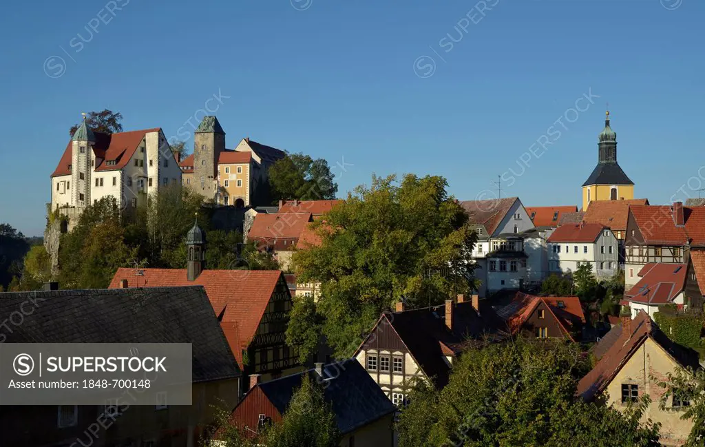View of Hohnstein and Hohnstein Castle, Saechsische Schweiz or Saxon Switzerland, Saxony, Germany, Europe