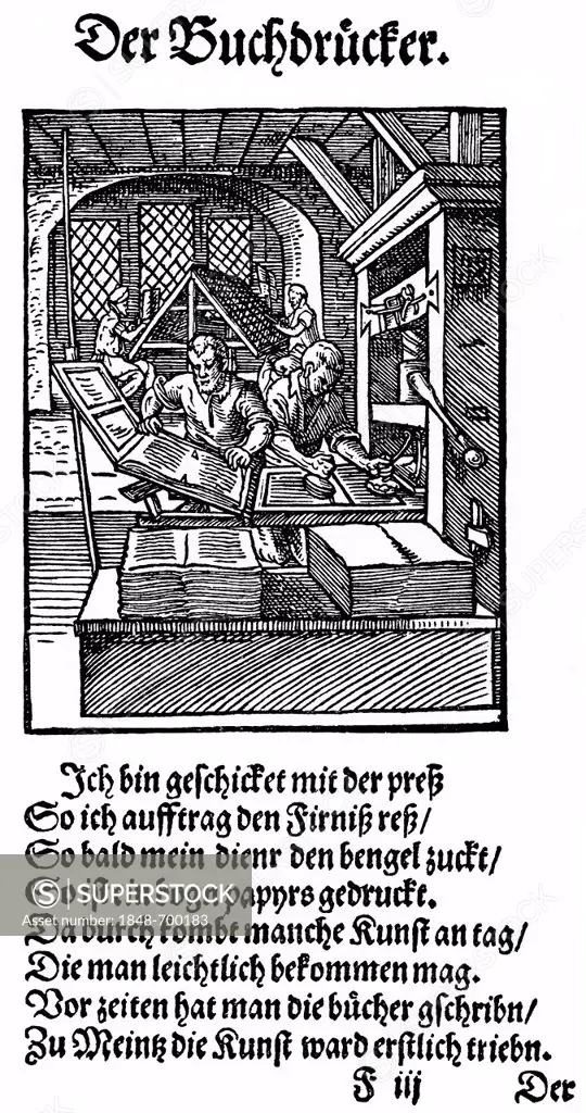 Historic print, woodcut of 1568, description of the status groups, front page by Hans Sachs, 1494 - 1576, a Nuremberg poet, playwright and Meistersing...