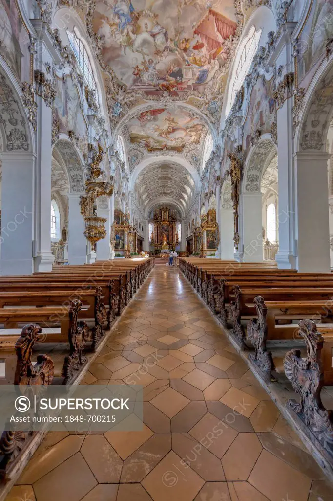 Interior view of the magnificent parish church of St. John the Baptist, old Premonstratensian abbey church, Steingaden, Upper Bavaria, Bavaria, German...