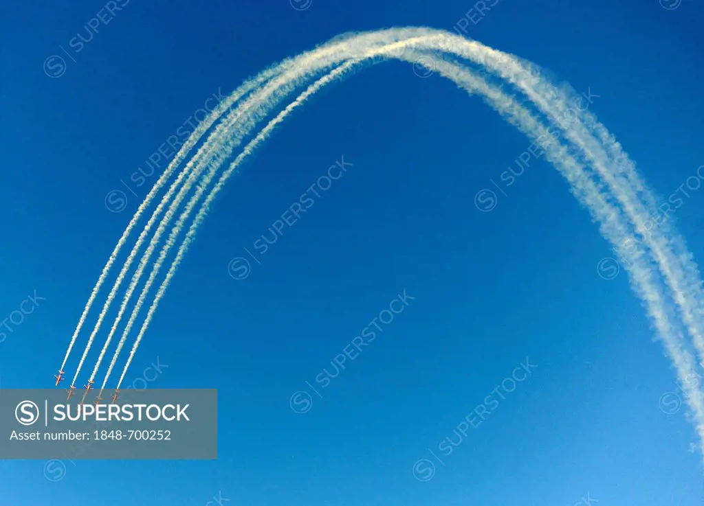 Alpha Jets of the Patrouille de France in action during the Dubai Air Show, United Arab Emirates, Middle East