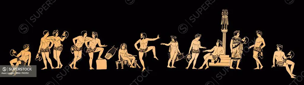Historical print from the 19th century, facsimile of the Greek theatre on a vase painting from the 7th century BC depicting Dionysus with Satyrs or de...