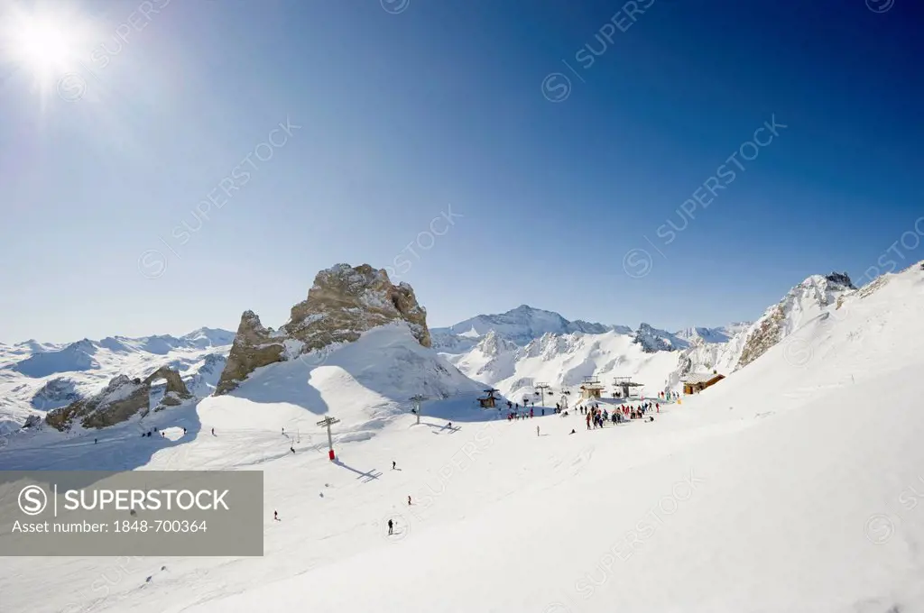 Snow-covered mountain landscape, Aiguille Percee, Tignes, Val d'Isere, Savoie, Alps, France, Europe