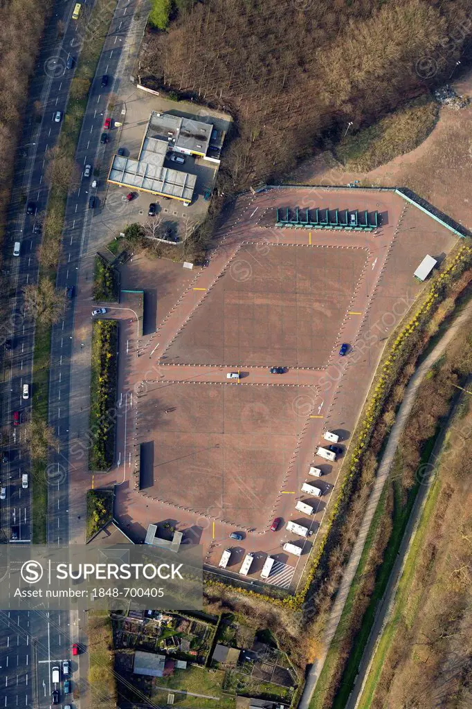 Aerial view, drive-in prostitution site with sex boxes, Essen, Ruhr area, North Rhine-Westphalia, Germany, Europe