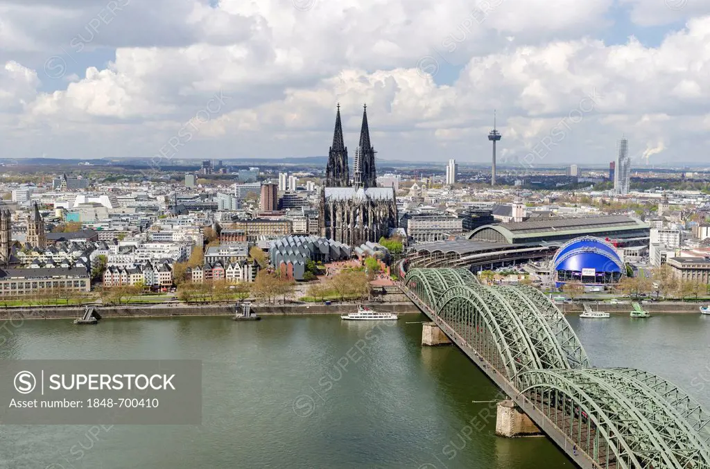 View from the Koeln Triangle office tower over the Rhine River with the Hohenzollern Bridge, Cologne Cathedral and the city of Cologne, North Rhine-We...