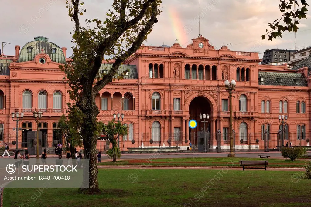 Casa Rosada, pink house, official seat of the Argentine government and the office of the president, with rainbow, Buenos Aires, Argentina, South Ameri...