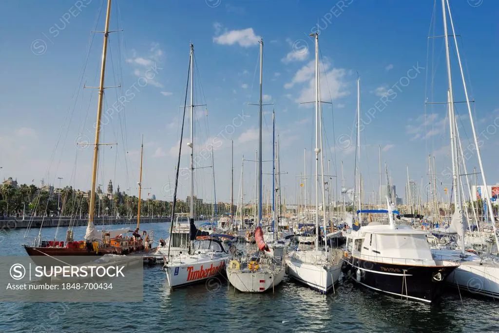 Sailing yachts in the marina, Port Vell, Barcelona, Catalonia, Spain, Europe, PublicGround