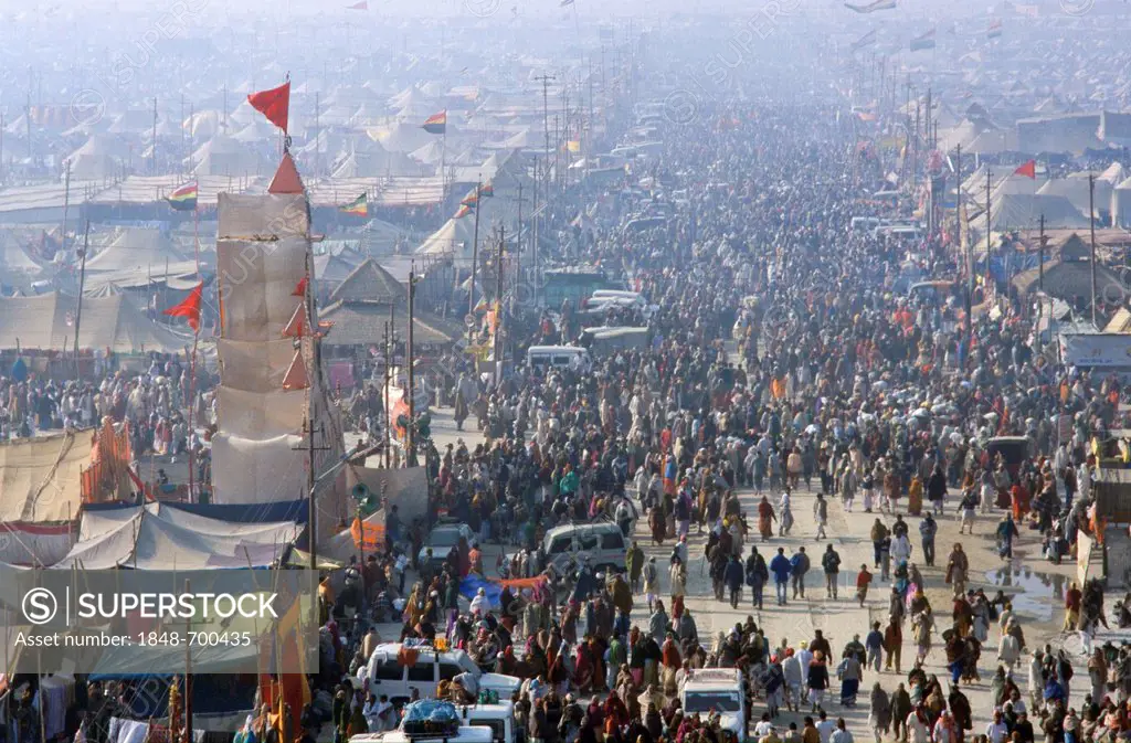 Millions gather at the festival ground of the Maha Khumba Mela at the confluence of the Rivers Ganges, Yamuna and Saraswati in Allahabad, Uttar Prades...