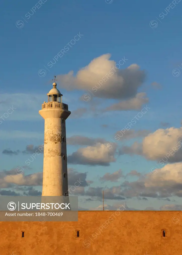 Clouds and blue sky above the lighthouse of Rabat, Phare de Rabat, at the Atlantic Ocean, Morocco, Africa