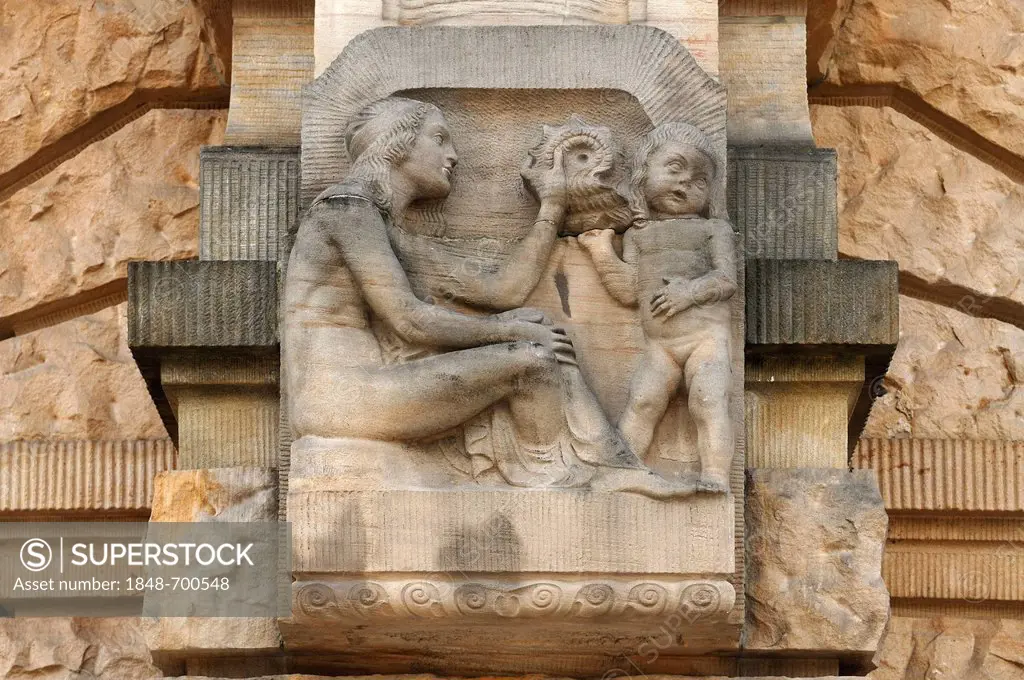 Relief, woman with a child and a shell, Stadttheater Freiburg theatre, built in 1905 in neo-baroque style, Bertoldstrasse street 46, Freiburg, Baden-W...