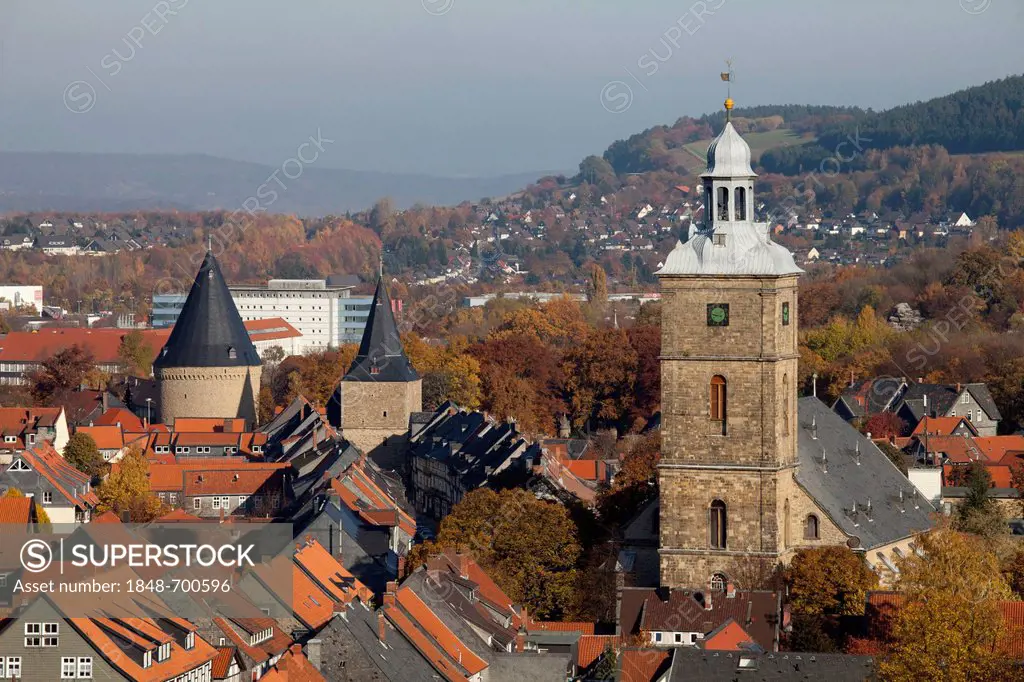 Stephanikirche church and Breites Tor gate, view from the church tower of Marktkirche church, Goslar, a UNESCO World Heritage site, Harz, Lower Saxony...