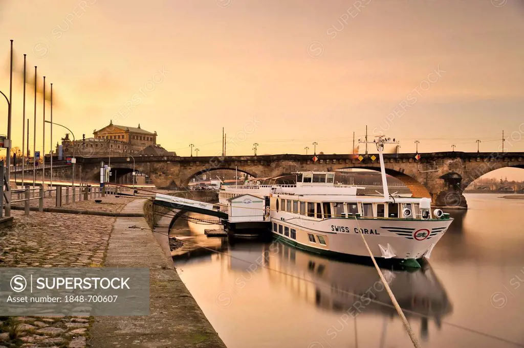 MS Swiss Coral on the Elbe river at low water levels in front of Semperoper, Semper Opera, Dresden, Saxony, Germany, Europe, PublicGround