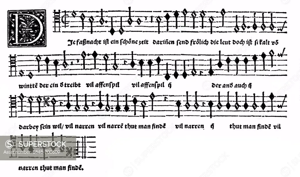 Historical print, woodcut, sheet music, carnival song by Orlando di Lasso, 1532 - 1594, a High Renaissance composer, from Bildatlas zur Geschichte der...