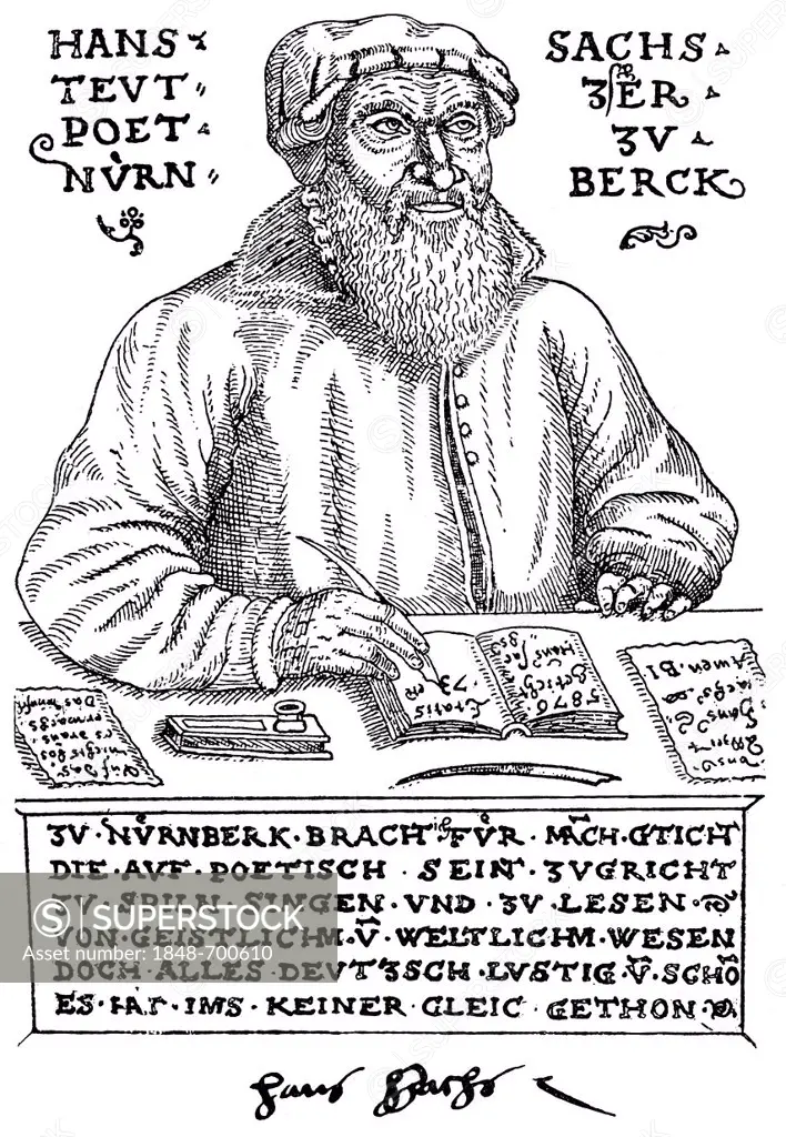 Historic print, woodcut with autograph, 1567, portrait of Hans Sachs, 1494 - 1576, a Nuremberg poet, playwright and Meistersinger, from Bildatlas zur ...