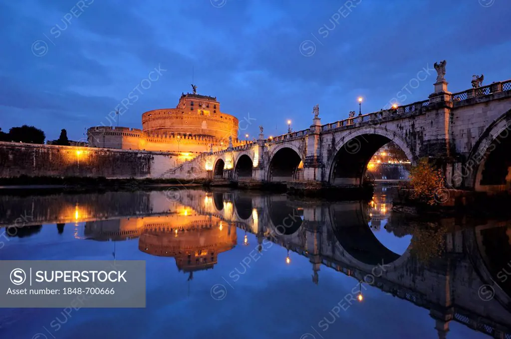 Castel Sant'Angelo and Ponte Sant'Angelo reflected in the Tiber river at dusk, Rome, Italy, Europe