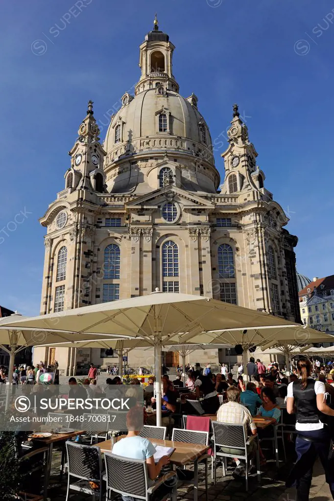 Beer garden and Frauenkirche church, Neumarkt square, Dresden, Saxony, Germany, Europe