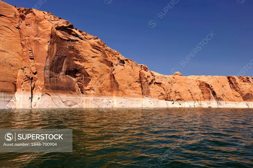 So-called bathwater line of the Navajo Canyon, from Lake Powell, showing peak water levels, Page, Navajo Nation Reservation, Arizona, United States of...