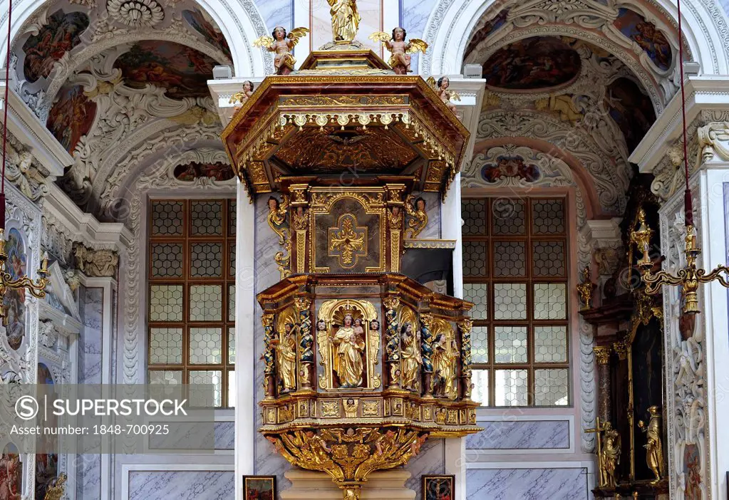 Side pulpit in the nave, monastery church of Goettweig Abbey, Goettweiger Berg mountain, Furth, UNESCO World Heritage Site Wachau Cultural Landscape, ...