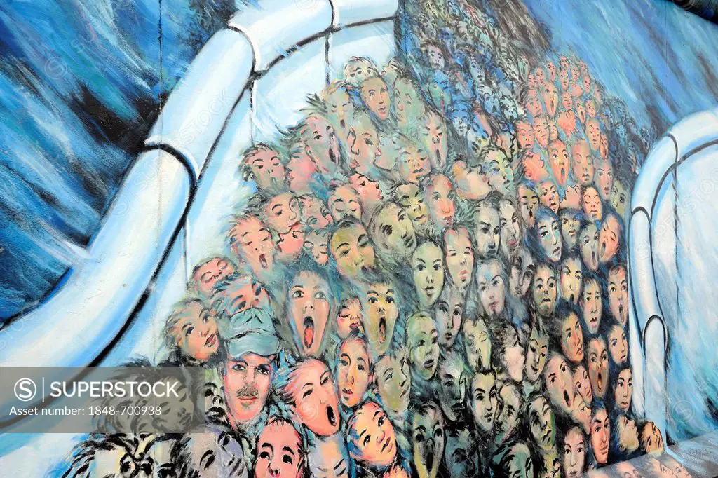 Crowd breaking through the Berlin Wall, painting on the Berlin Wall, East Side Gallery, Berlin, Germany, Europe