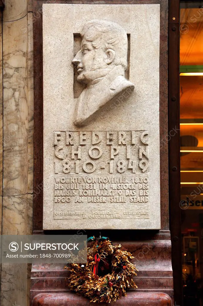 Plaque to Frederic Chopin on a residential home where he lived for a year, Kohlmarkt square, Vienna, Austria, Europe