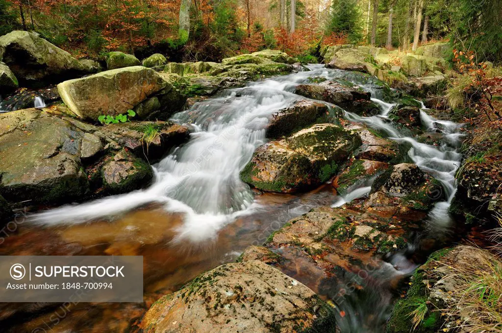 Unterer Bodefall waterfall in autumn, Braunlage, Lower Saxony, Germany, Europe