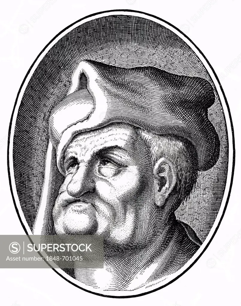 Historic print, 1551, portrait of Claus Narr also known as Claus Narren von Ranstedt, a German court jester at the court of Saxony of the 16th century...
