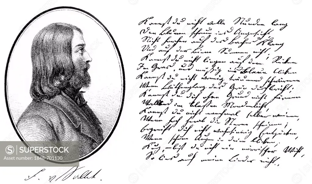 Historical manuscript, 1835, and portrait of Friedrich von Sallet, 1812 - 1843, a German writer, from Bildatlas zur Geschichte der Deutschen Nationall...