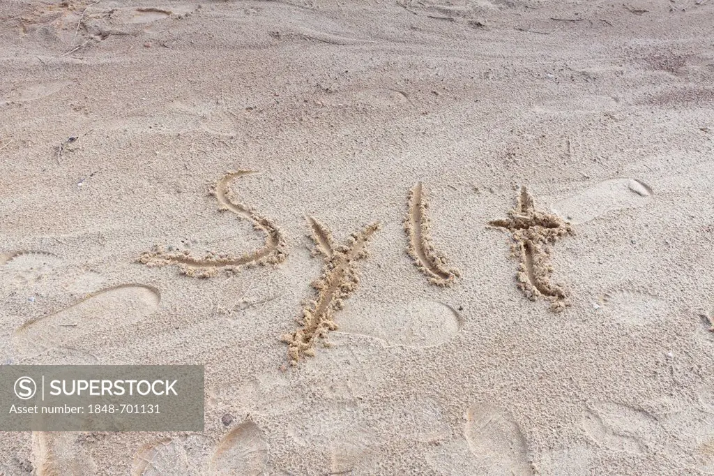 The word Sylt is written in the sand on the beach, Sylt island, North Friesland district, Schleswig-Holstein, Germany, Europe