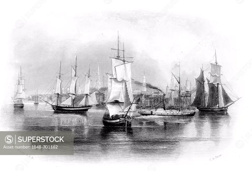 Copper engraving from the 19th Century, ships off Charleston, capital of South Carolina, USA