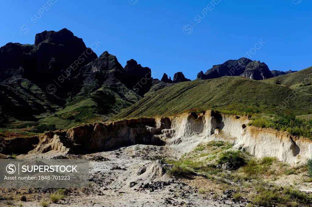 Mountains at Cha de Morte, mining of puzzolana or tuff, rocks, Santo Antao, Cape Verde, Africa