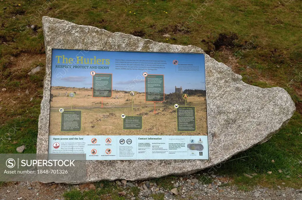 Info panel on The Hurlers, stone circle, standing stones from the early Bronze Age on Bodmin Moor, Minions, Dartmoor, Cornwall, England, United Kingdo...