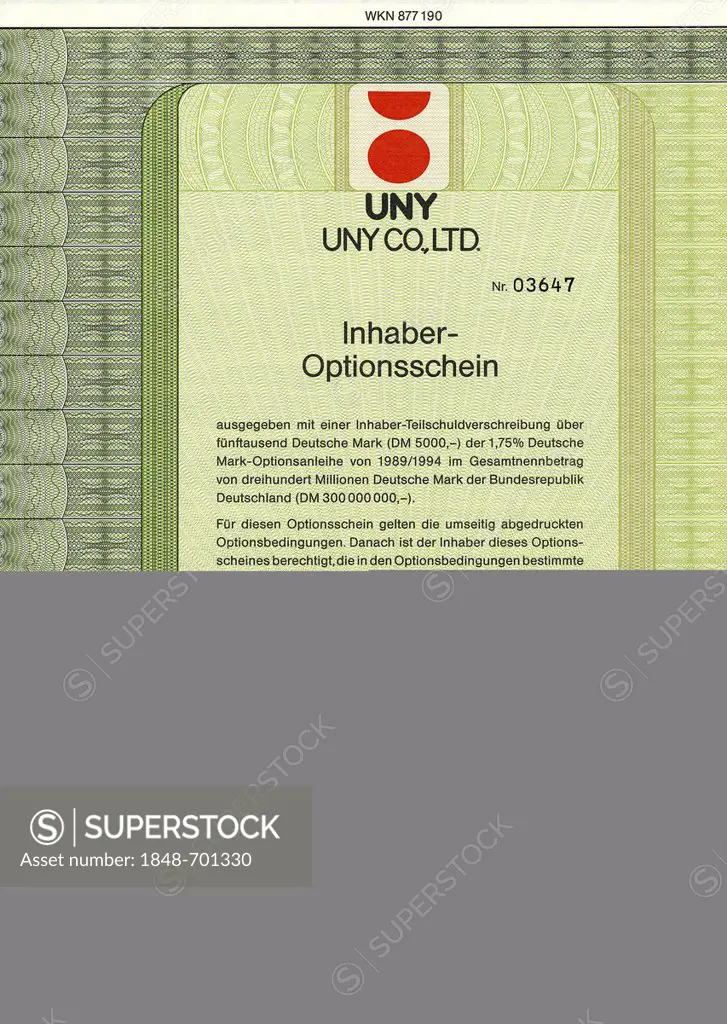 Historical share certificate, Japanese bearer warrant, German Mark, DM, supermarket operator in Japan, UNY Co Ltd, 1989, Nagoya, Japan