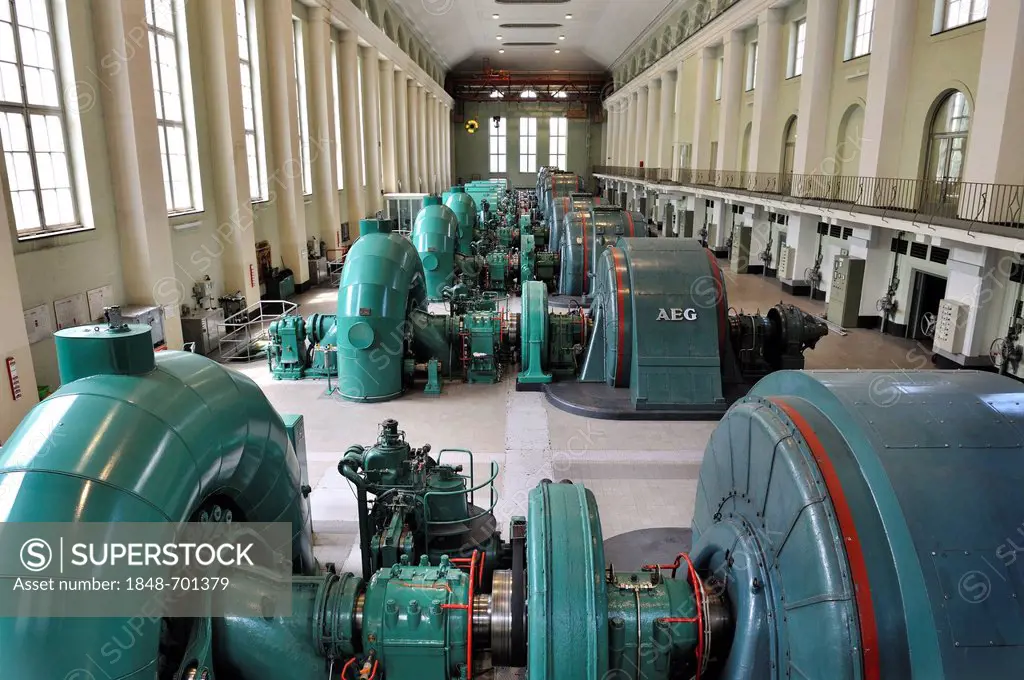 Hall with turbines and generators, Walchensee Power Plant, Bavaria, Germany, Europe