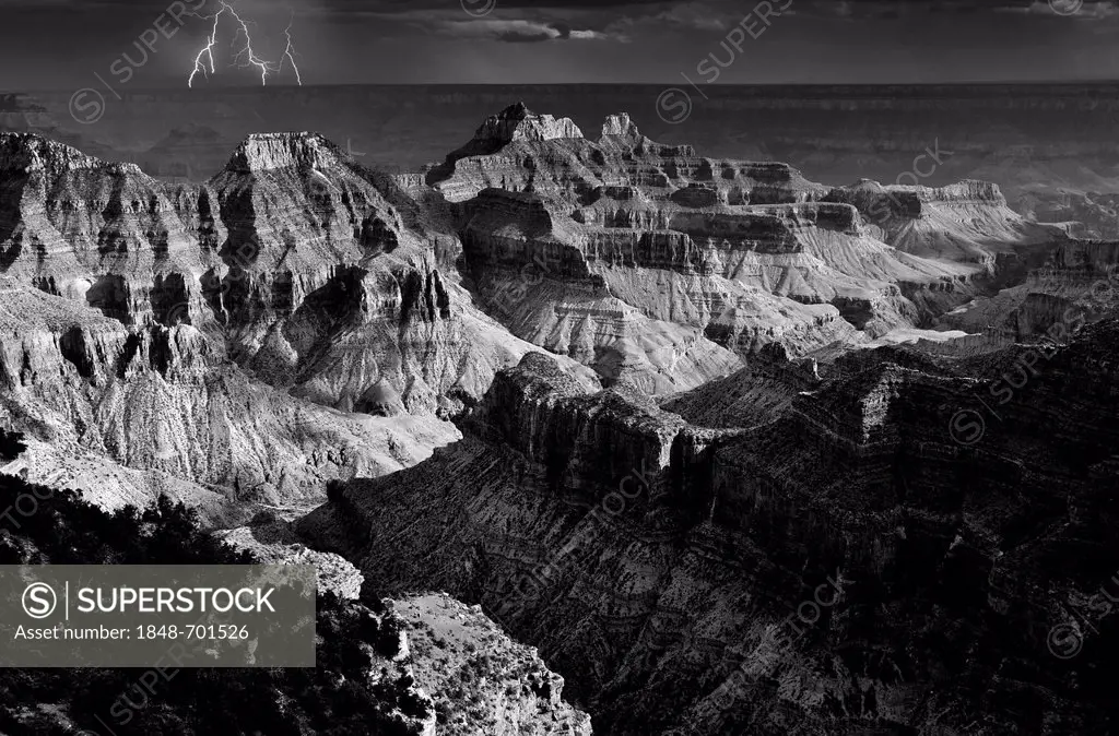 Thunderstorm, lightning, view from Bright Angel Point to Deva Temple, Brahma Temple, Zoroaster Temple, Transept Canyon, Bright Angel Canyon, sunset, d...