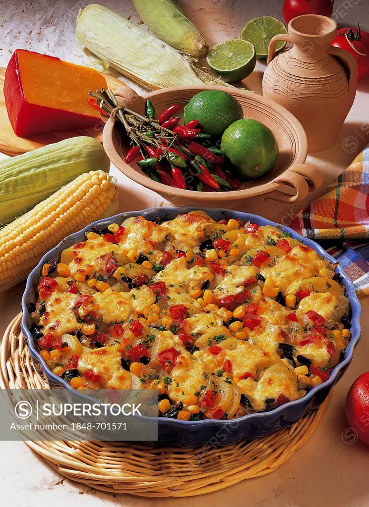 Peruvian corn casserole, with potatoes, onions and a spicy cheese crust, whole food cuisine, Peru